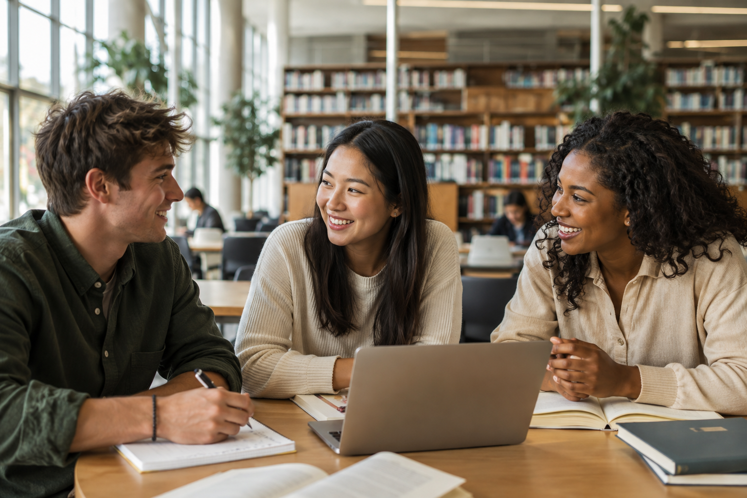 Illustrative scene of three adult students discussing a project in a library